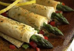Cuisine Innovations Asparagus and Asiago Cheese Wrapped in Fillo - 100 per case.