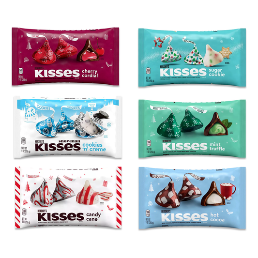 Hershey Kisses Holiday Variety Pack of 6 Flavors- Hot Cocoa Kisses, Candy Cane, Sugar Cookie, Mint Truffle, Cherry Cordial, Cookies and Cream