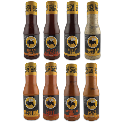 Buffalo Wild Wings Sauce Variety 8 Pack by Rebel Smuggling Galactic Emporium- Garlic Parmesan, Mango Habanero, Nashville, Asian Zing,  Medium, Honey BBQ, and Hot.