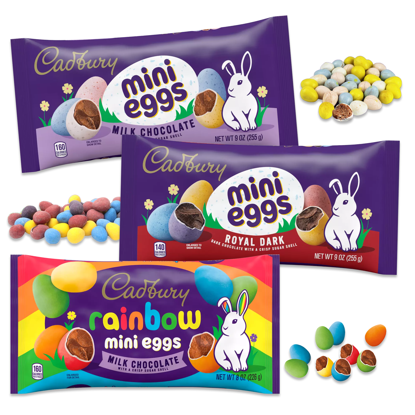 Cadbury Chocolate Eggs Easter Candy Variety 3 Pack- Rainbow, Milk and Dark Cadbury Mini-eggs. Cadbury Eggs, Easter Egg Candy (3)