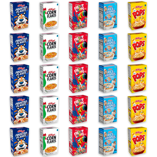 Mini Cereal Boxes 5 Flavors Pack of 25- Corn Pops, Froot Loops, Rice Krispies, Frosted Flakes, Corn Flakes