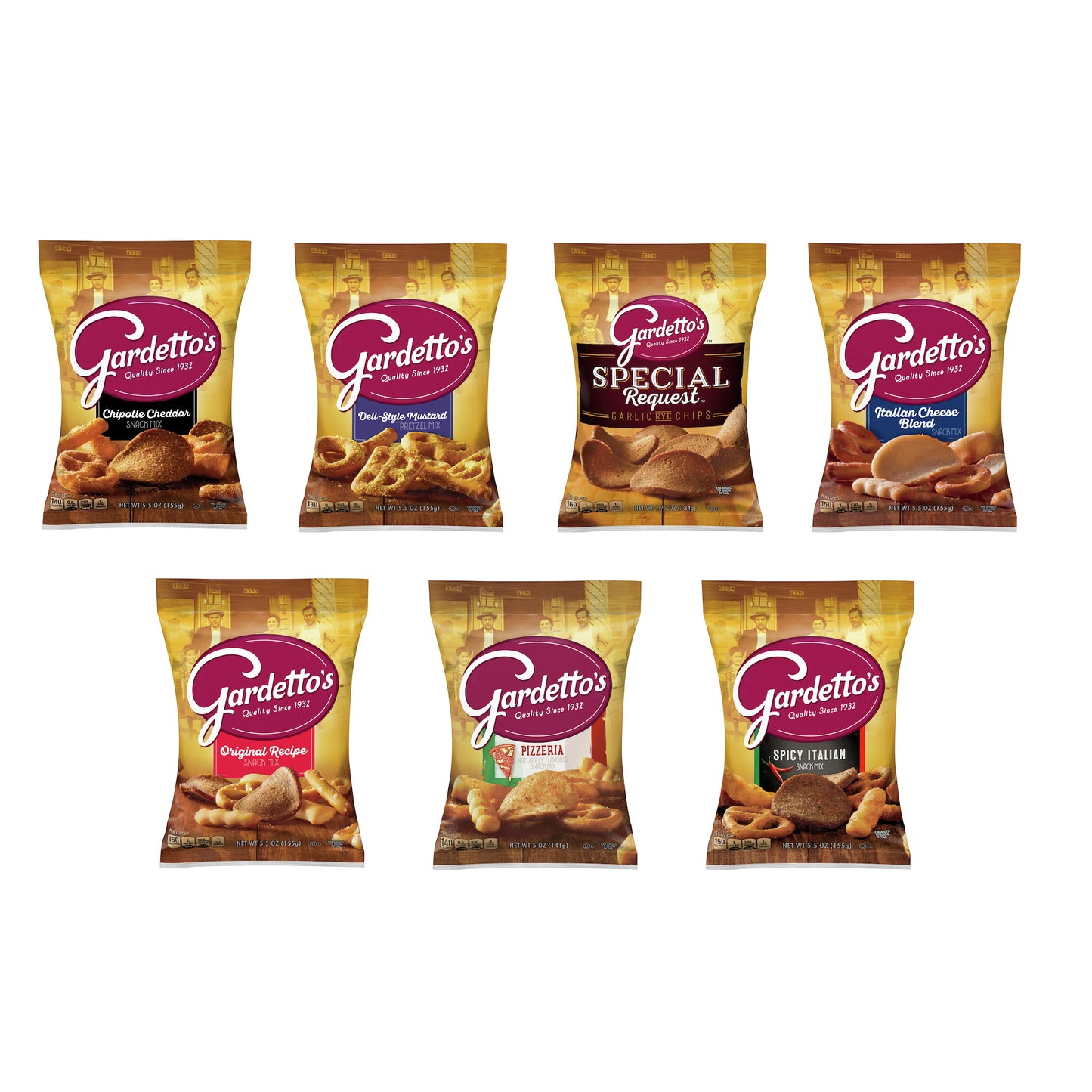 Gardettos Snack Mix Variety 7 Pack of Party Mix Snacks, Snack Mix Individual Packs. Gardettos Garlic Rye Chips, Gardettos Pizzeria, Italian Cheese Blend, Deli Style, Spicy Italian, and More.
