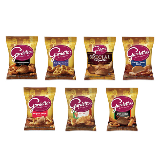 Gardettos Snack Mix Variety 7 Pack of Party Mix Snacks, Snack Mix Individual Packs. Gardettos Garlic Rye Chips, Gardettos Pizzeria, Italian Cheese Blend, Deli Style, Spicy Italian, and More.