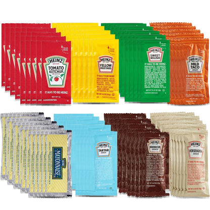 Heinz Condiment Packets Variety 200 Pack- 25 Ketchup Packets, 25 Mayonnaise Packets, 25 Mustard Packets, 25 Relish Packets, 25 BBQ Sauce Packets, 25 Tartar Sauce, 25 Horseradish, and 25 Taco Sauce.