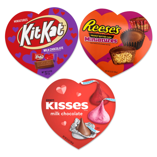 Reeses Hearts and Hershey's Kisses Valentine's Day Candy Chocolate Heart Box Variety 3 Pack. Reese's Gift Set, Heart Shaped Candy Box, Heart Chocolate