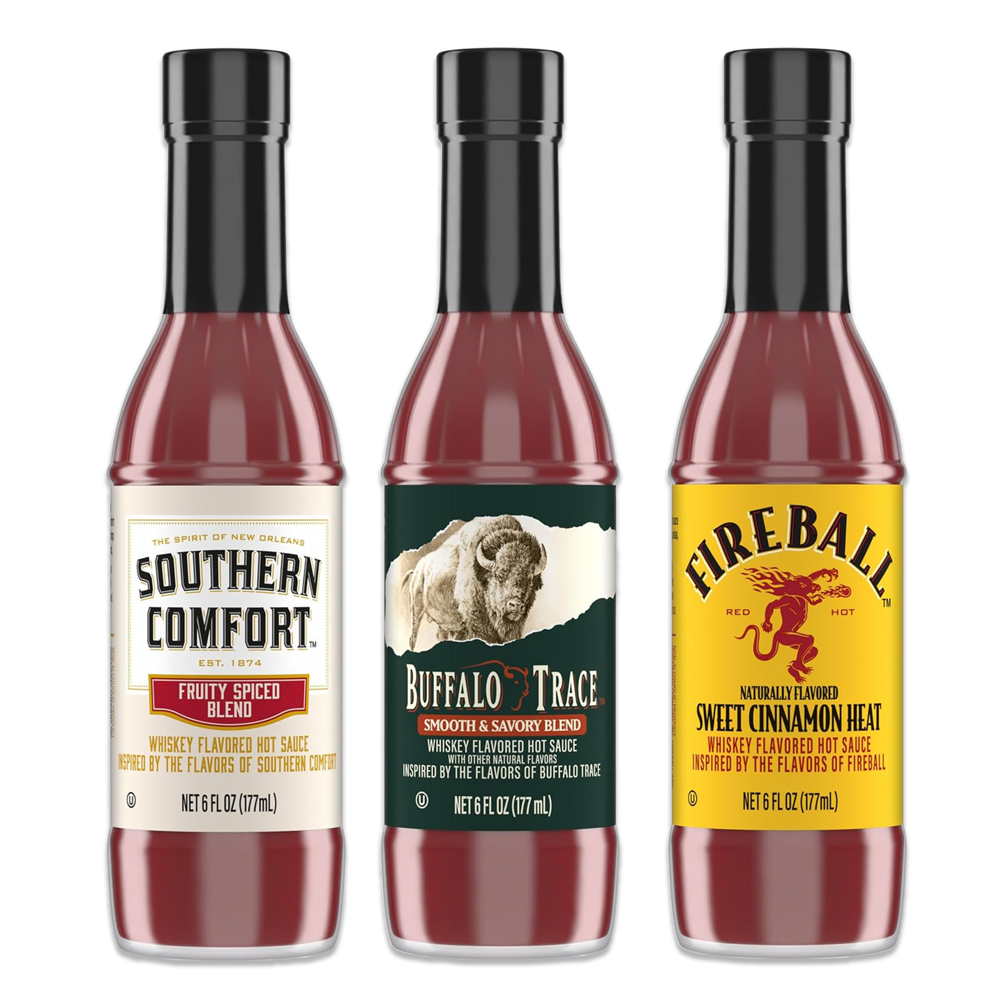 Bourbon Flavored Hot Sauce Set Variety Pack of 3 Including Southern Comfort, Fireball, and Buffalo Trace