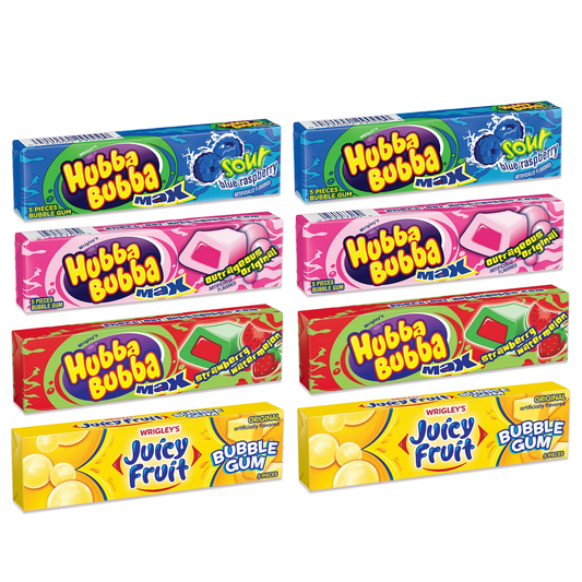 Gum Variety 8 Pack- Including 2 Packs Each of 4 Flavors- Max Strawberry Watermelon, Sour Blue Raspberry, Outrageous Original, and Juicy Fruit Original Bubble Gum.