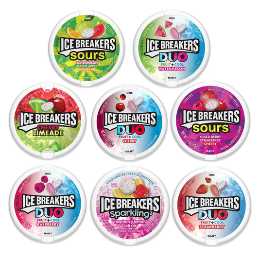 Ice Breakers Tins Variety Pack of 8 Flavors- Mixed Berry Sours, Duo Strawberry, Duo Watermelon, Cherry Limeade, Sparkling Raspberry Lemon, Watermelon Green Apple Tangerine Sours, Cherry Duo, Raspberry Duo