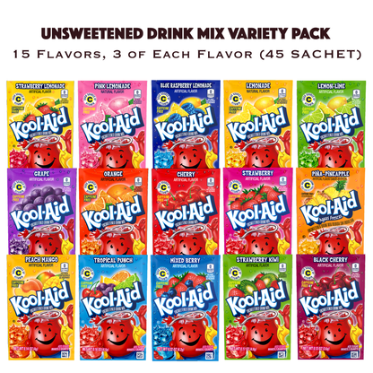 Kool Aid Variety Pack 45 Packets - 15 Flavors Drink Mix Assortment Gift Set