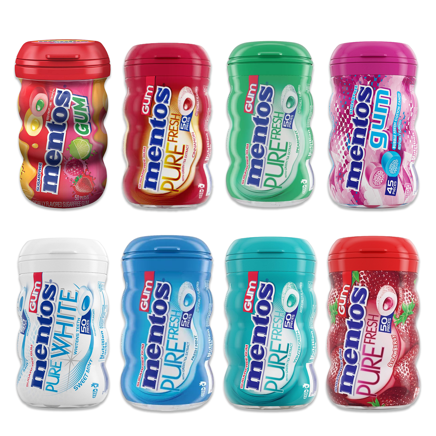 Mentos Variety Pack of 8- Real Fruit Lime, Cinnamon, Pure Fresh Spearmint, Cotton Candy, Pure White, Pure Freshmint, Pure Fresh Wintergreen, Pure Fresh Strawberry