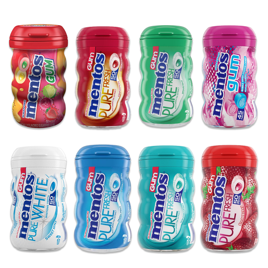 Mentos Variety Pack of 8- Real Fruit Lime, Cinnamon, Pure Fresh Spearmint, Cotton Candy, Pure White, Pure Freshmint, Pure Fresh Wintergreen, Pure Fresh Strawberry
