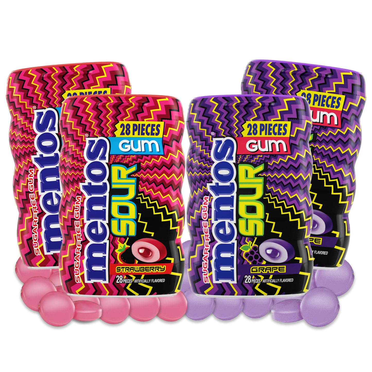 Mentos Sour Bottle Gum Variety 4 Pack- Includes 2 Packs of Strawberry and 2 Packs of Orange Chewing Gum Pack