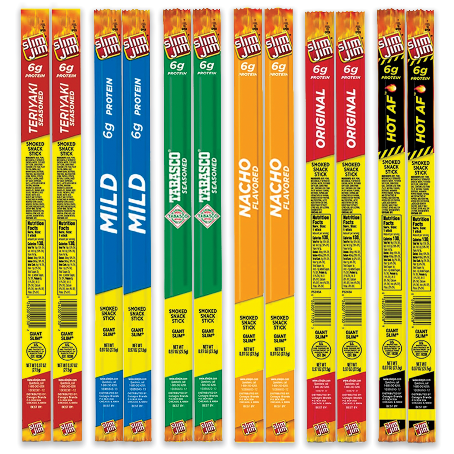 Slim Jim Giant Variety 12 Pack- 6 Flavors, 2 of Each Flavor (Total of 12). Giant Size. Teriyaki, Mild, Nacho, Tabasco, Hot, Original
