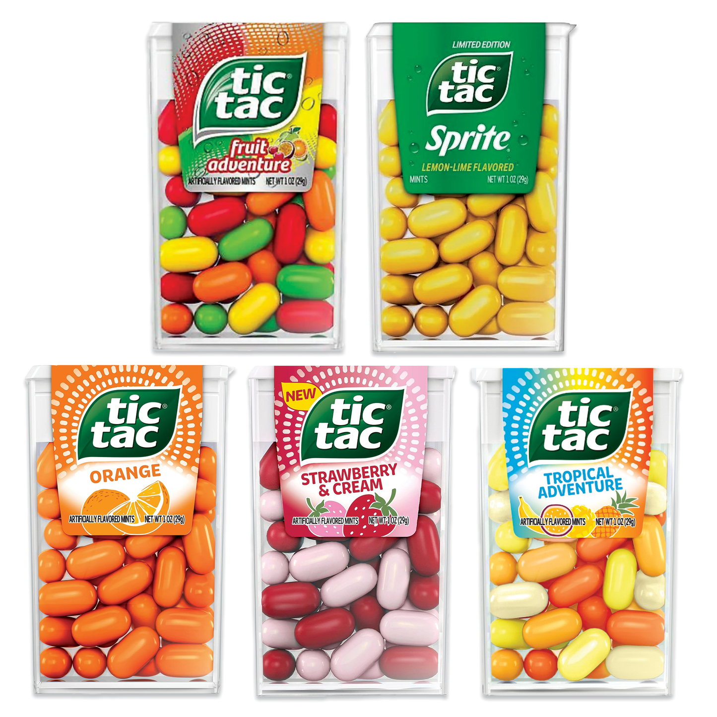 Tic Tacs Variety 5 Pack, 1oz, Fruity Flavors- Orange, Strawberry and Creme, Tropical Adventure, Big Berry Adventure, Fruit Adventure