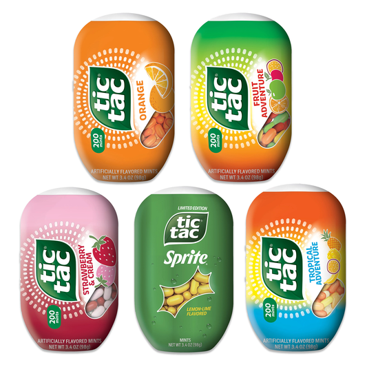 Tic Tacs Variety 5 Pack, 3.4oz., Coca Cola, Orange, Big Berry Adventure, Fruit Adventure, Tropical Adventure
