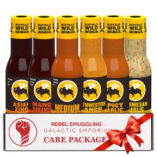 Buffalo Wild Wings Sauce Variety 6 Pack by Rebel Smuggling Galactic Emporium- Garlic Parmesan, Mango Habanero, Asian Zing, Medium, Southwest Ranch, and Spicy Garlic.