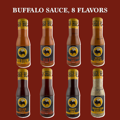Buffalo Wild Wings Sauce Variety 8 Pack by Rebel Smuggling Galactic Emporium- Garlic Parmesan, Mango Habanero, Nashville, Asian Zing,  Medium, Honey BBQ, and Hot.