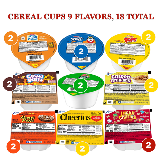 General Mills & Kellogg's Cereal Bowl Variety Pack of 9 Flavors 2 of Each (Pack of 18)- Mini Wheats 1oz, Lucky Charms 1oz, Cheerios .69oz, Apple Jacks .63oz, Corn Pops .75oz, Golden  Grahams, Cocoa Puffs 1.06oz, Reeses Puffs 1oz, Frosted Flakes 1oz