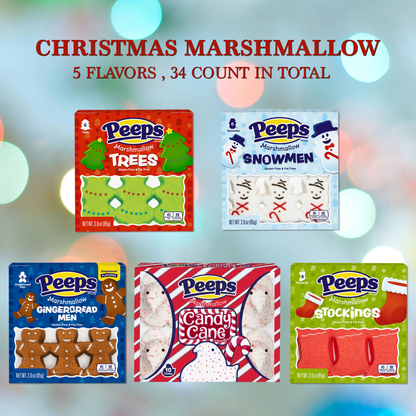 Peeps 5 Pack Variety Pack (34 Peeps Total)- 10ct Candy Cane, 6ct Trees, 6ct Snowman, 6ct Stockings, 6ct Gingerbread Men