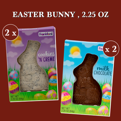 Frankford Chocolate Easter Bunny Bulk 4 Pack- Contains 2 Each of Milk Chocolate and Cookies and Cream Chocolate Bunny Easter 2.25oz, Easter Bunny Chocolate Candy, Easter Chocolate Bunny Bulk, Easter Chocolate Rabbit