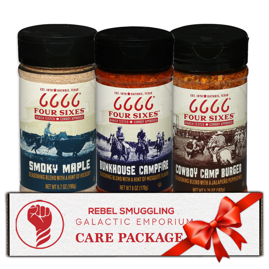 Four Sixes Cowboy  Seasoning Variety 3 Pack - Texas Bunkhouse, Smoky Maple, Cowboy Campfire Care Package by Rebel Smuggling Galactic Emporium.