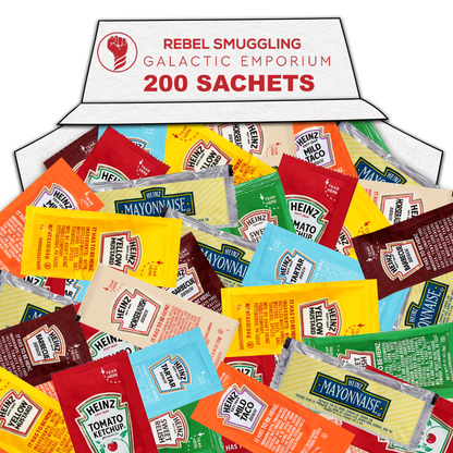 Heinz Condiment Packets Variety 200 Pack- 25 Ketchup Packets, 25 Mayonnaise Packets, 25 Mustard Packets, 25 Relish Packets, 25 BBQ Sauce Packets, 25 Tartar Sauce, 25 Horseradish, and 25 Taco Sauce.