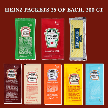 Heinz Condiment Packets Variety 200 Pack- 25 Ketchup Packets, 25 Mayonnaise Packets, 25 Mustard Packets, 25 Relish Packets, 25 BBQ Sauce Packets, 25 Tartar Sauce, 25 Horseradish, and 25 Taco Sauce.