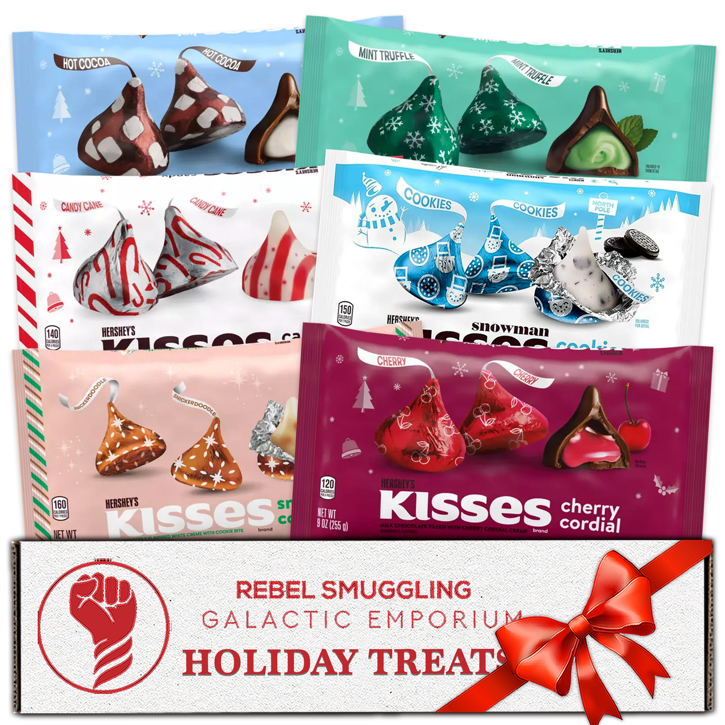 Hershey Kisses Holiday Variety Pack of 6 Flavors- Hot Cocoa Kisses, Candy Cane, Sugar Cookie, Mint Truffle, Cherry Cordial, Cookies and Cream