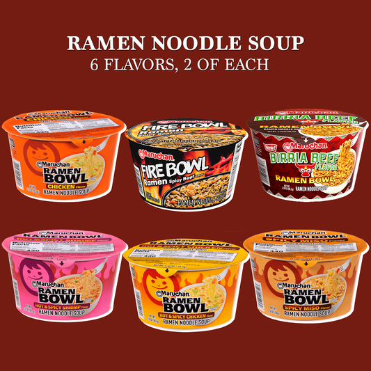 Ramen Noodles Cup Variety 12 Pack- Includes 2 Bowls Each of 6 Flavors- Birria Beef, Flaming Beef, Chicken, Spicy Miso Chicken, Hot N Spicy Shrimp, and Hot n Spicy Chicken