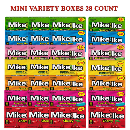 Mike and Ike Mini Box Variety Pack of 7 Flavors 4 of Each Flavor (Total of 28 Boxes, 0.78oz) Original, Orange, Sour Lemon, Tropical Mini, Berry Blast, Sour Watermelon, Cherry