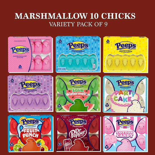 Peeps 10 Chicks Easter Peeps Marshmallow Candy Variety Pack of 9 (90 Peeps Total).
