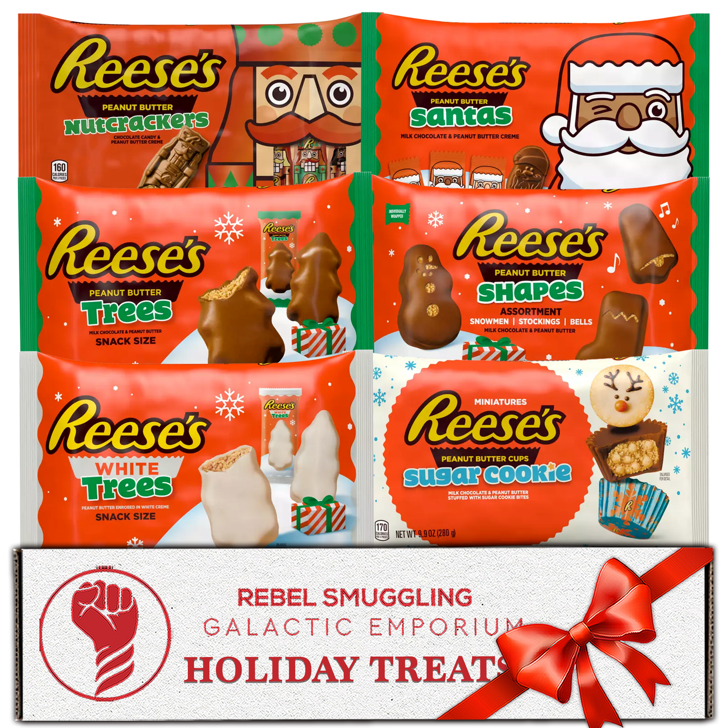 Reese's Christmas Figurines Variety Pack of 6- White Chocolate Trees, Mystery Shapes, Nutcrackers, Trees, Santas, Sugar Cookie