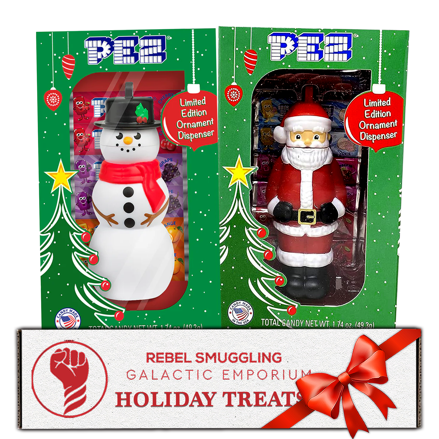 Pez Santa and Snowman Ornament Gift Box Pack of 2