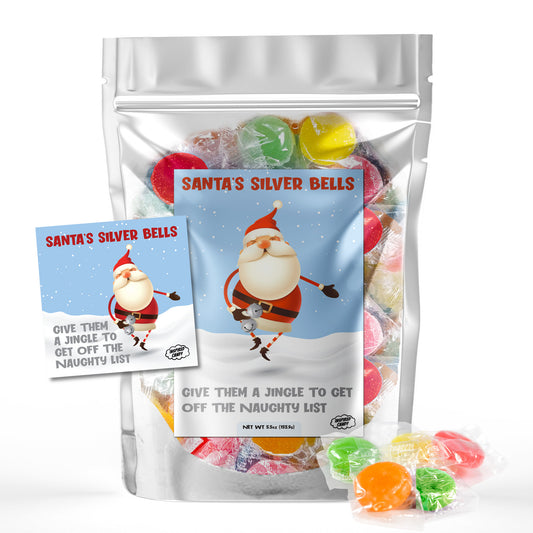 Santa's Silver Bells, Give Them A Jingle To Get Off The Naughty List- Stocking Stuffer Candy. 5.5oz Bag of Jelly Disks by Inspired Candy. Unique Stocking Stuffers For Adults or White Elephant Gift.