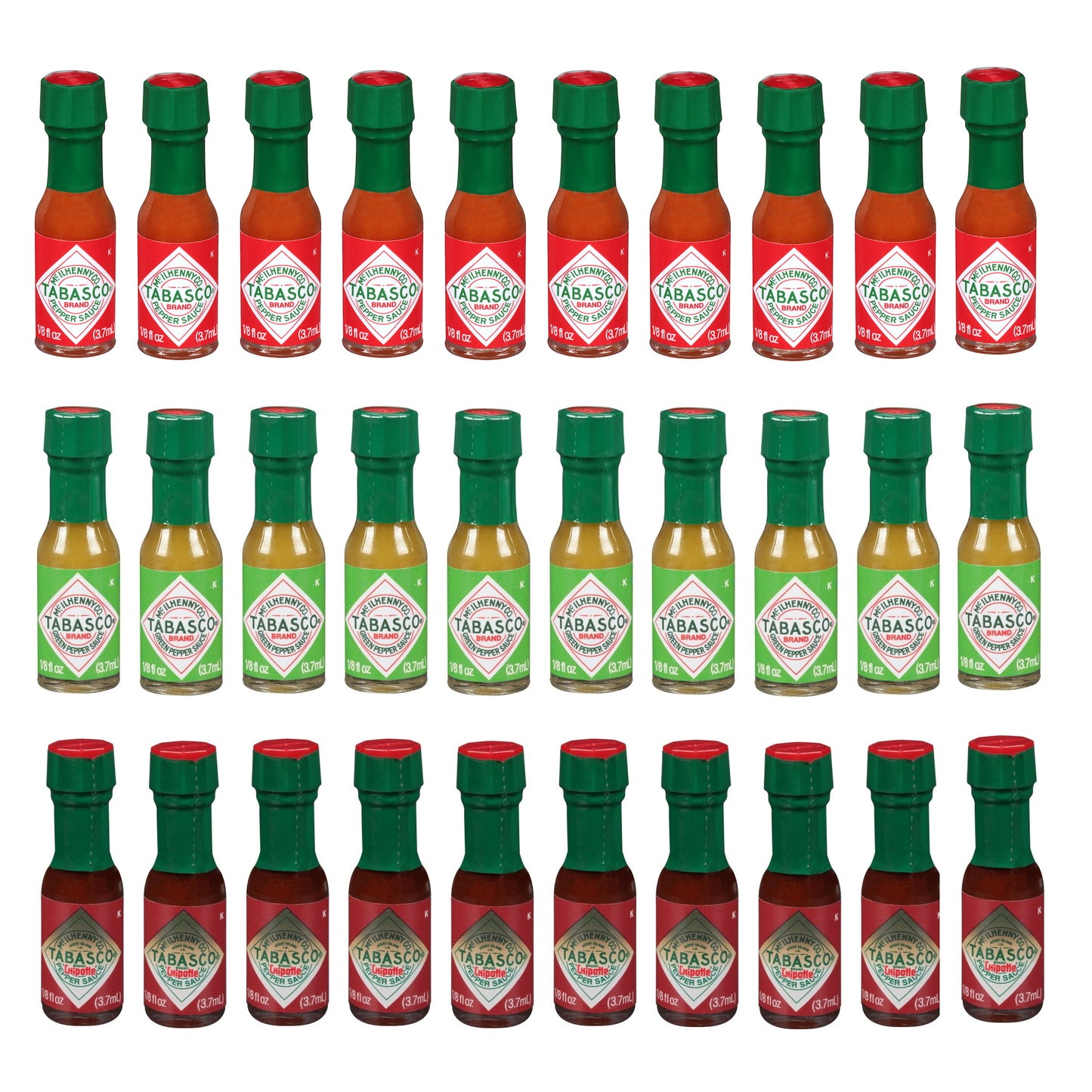 Tabasco Mini Bottle Variety Pack, 3 Flavors, 10 Bottles Each Flavor